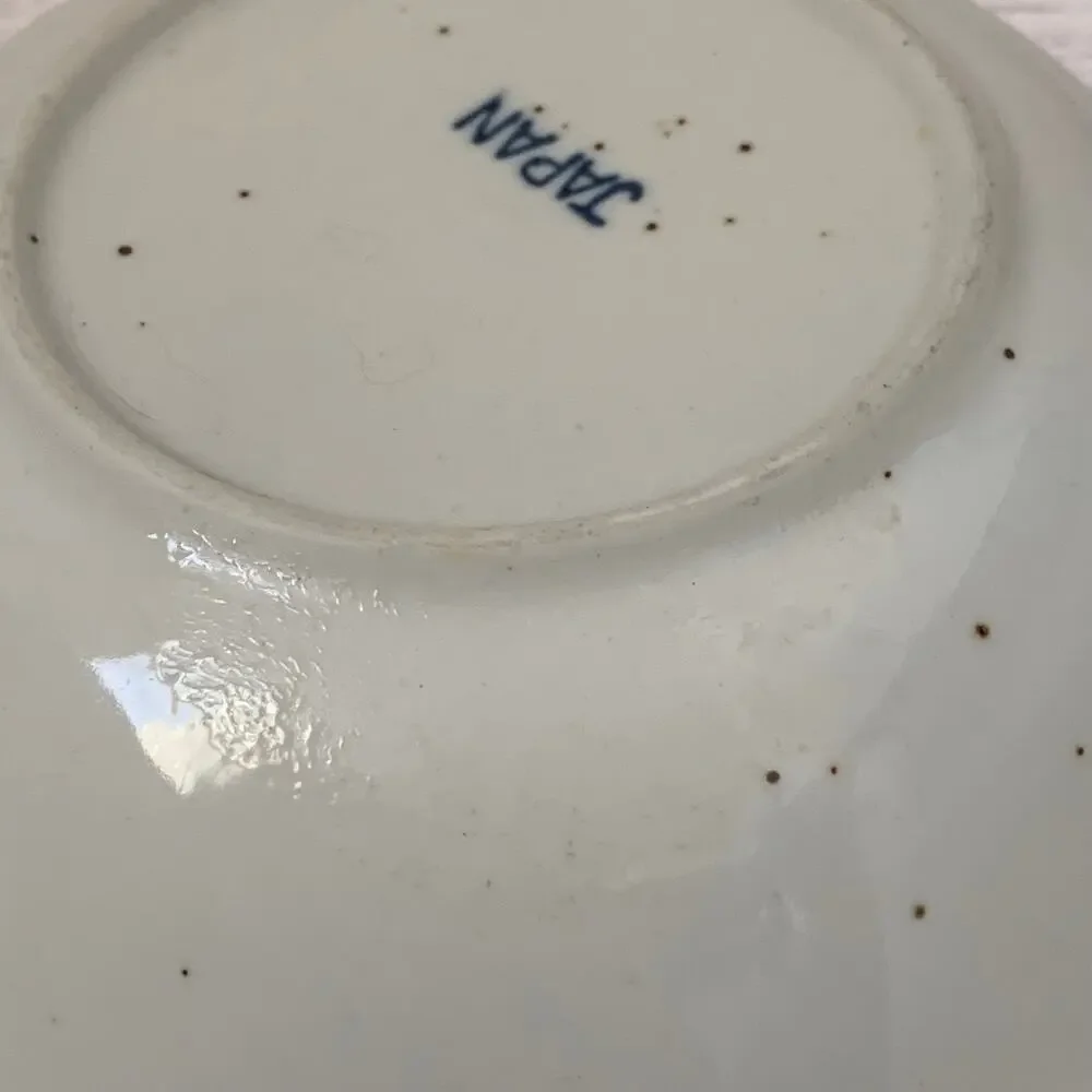 Vintage Japanese Speckled Stoneware Bowl Blue Poppy Peony Floral Scalloped Rim